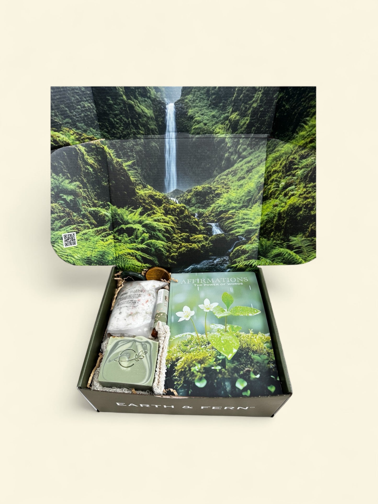 Nature themed Open box with affirmations guided journal, invigorating Eucalyptus Soap, Relaxing bath rock, Nourishing Mint Lip balm,2 worry stones, with complimentary sisal soap bag.
