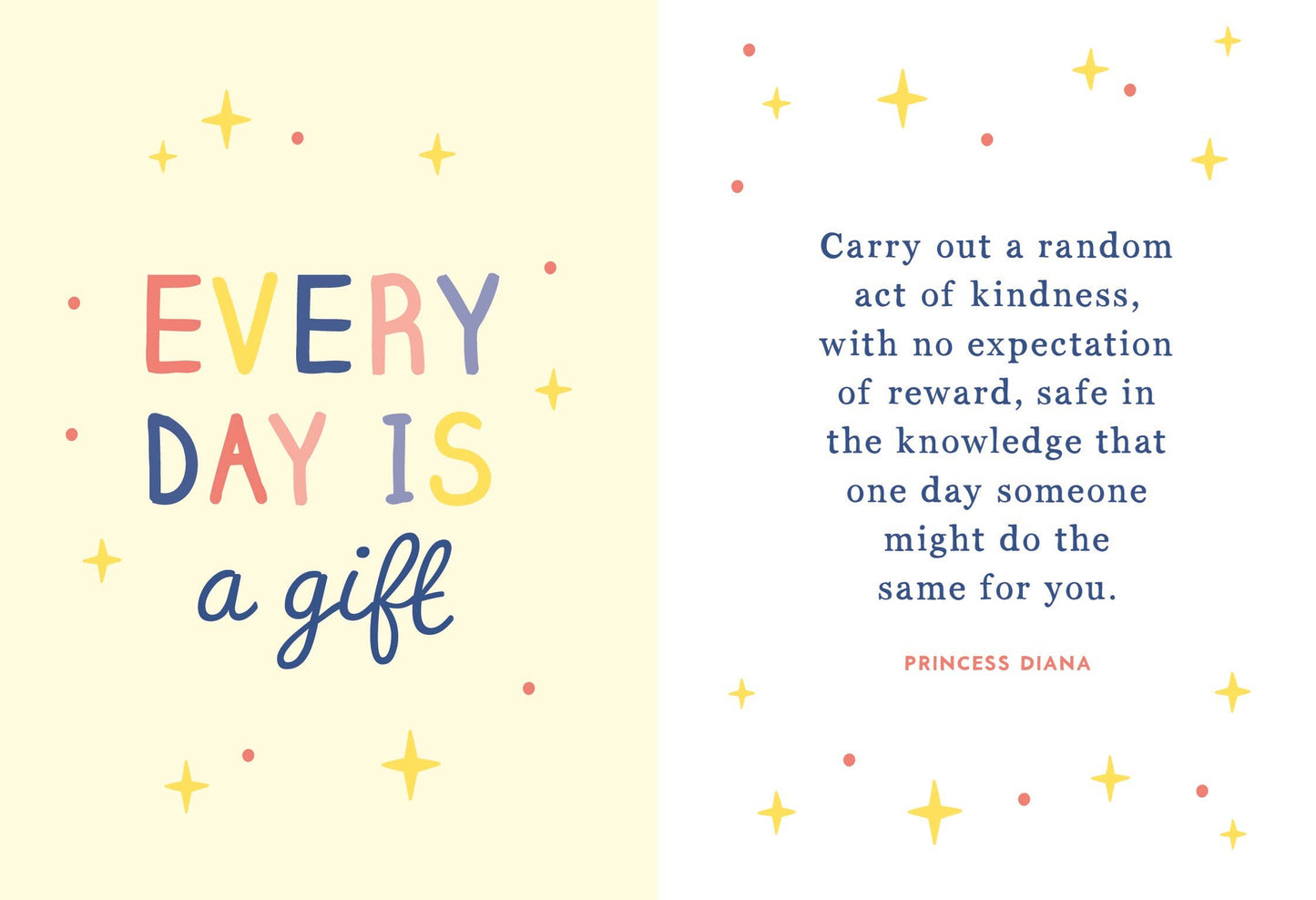 Motivational quote about kindness with colorful text and stars on a light yellow background