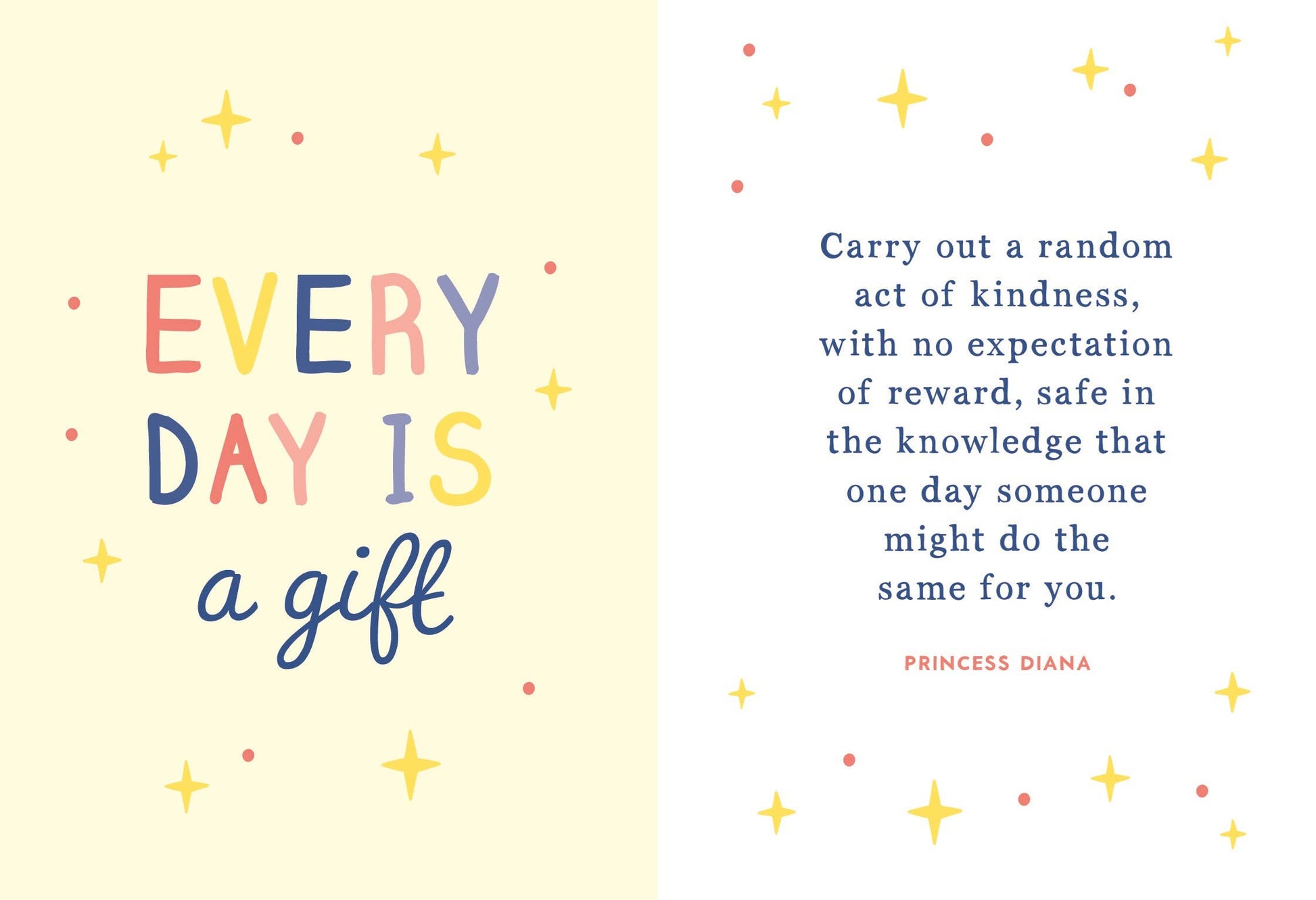 Motivational quote about kindness with colorful text and stars on a light yellow background