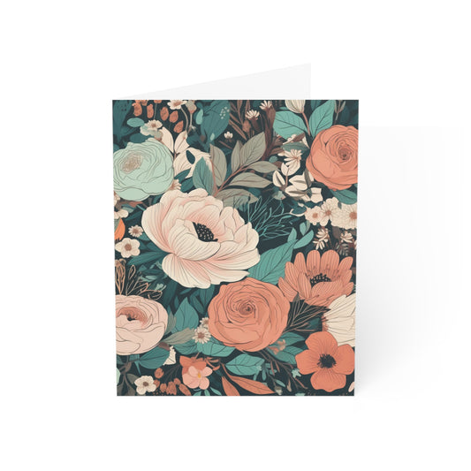 Front of a greeting card featuring a moody, Regency-inspired floral pattern in shades of pink, coral, light blue, and cream, set against a rich teal background. The elegant design evokes the romantic and refined aesthetic of the Regency era, with delicate blooms creating a timeless and sophisticated look. The inside of the card is blank, perfect for personal messages, and the back includes the text 'Blank inside' along with the company logo