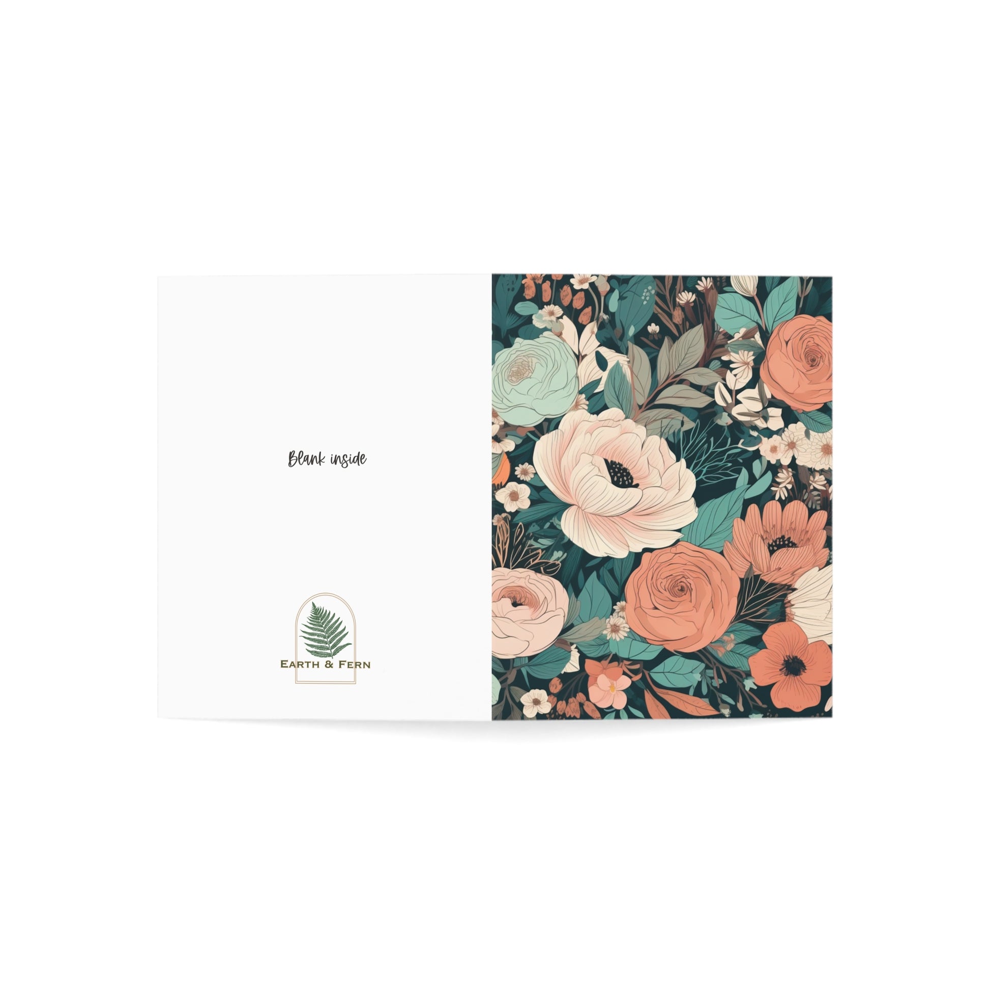 Front of a greeting card featuring a moody, Regency-inspired floral pattern in shades of pink, coral, light blue, and cream, set against a rich teal background. The elegant design evokes the romantic and refined aesthetic of the Regency era, with delicate blooms creating a timeless and sophisticated look. The inside of the card is blank, perfect for personal messages, and the back includes the text 'Blank inside' along with the company logo
