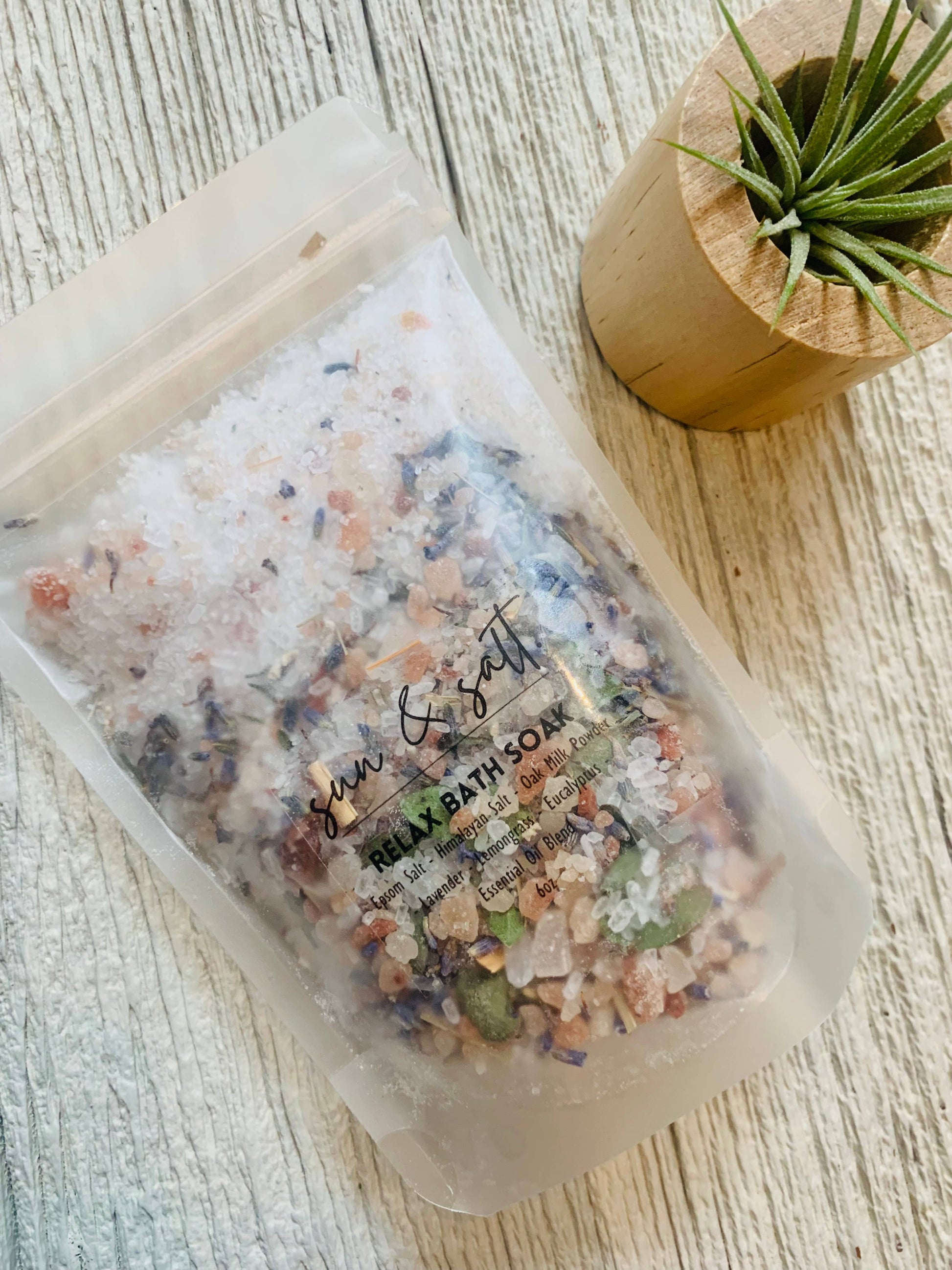 Handmade Relax Bath Soak made with Epsom salt, Himalayan salt, oat milk, lavender, lemongrass, eucalyptus essential oil blend for a soothing and calming bath experience