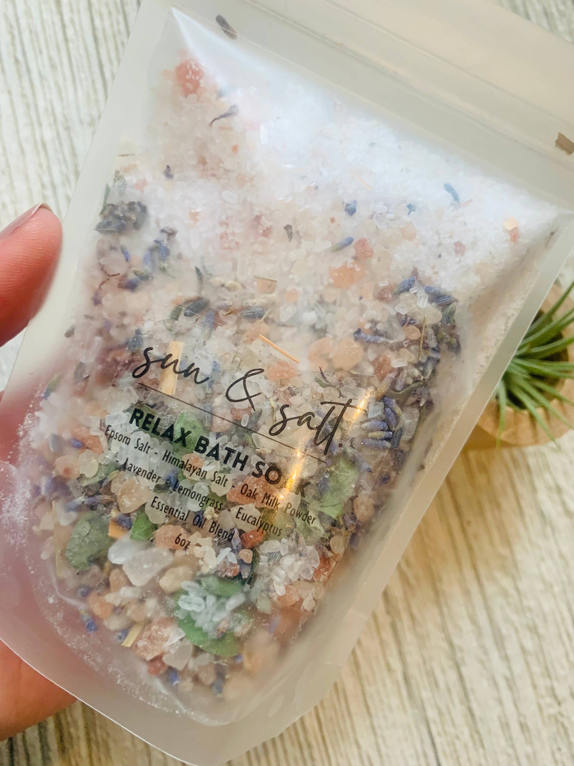 Handmade Relax Bath Soak made with Epsom salt, Himalayan salt, oat milk, lavender, lemongrass, eucalyptus essential oil blend for a soothing and calming bath experience