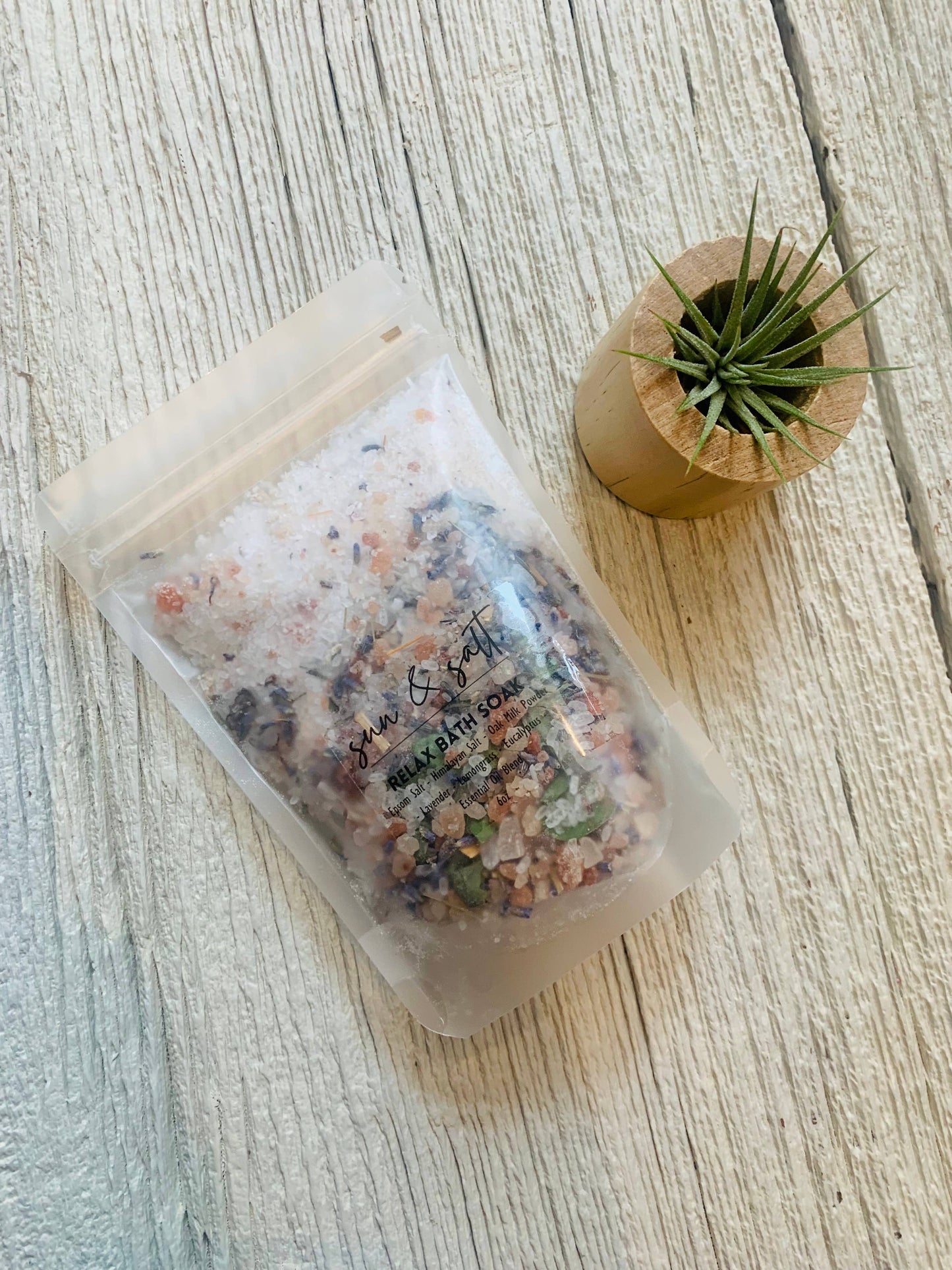  Handmade Relax Bath Soak made with Epsom salt, Himalayan salt, oat milk, lavender, lemongrass, eucalyptus essential oil blend for a soothing and calming bath experience