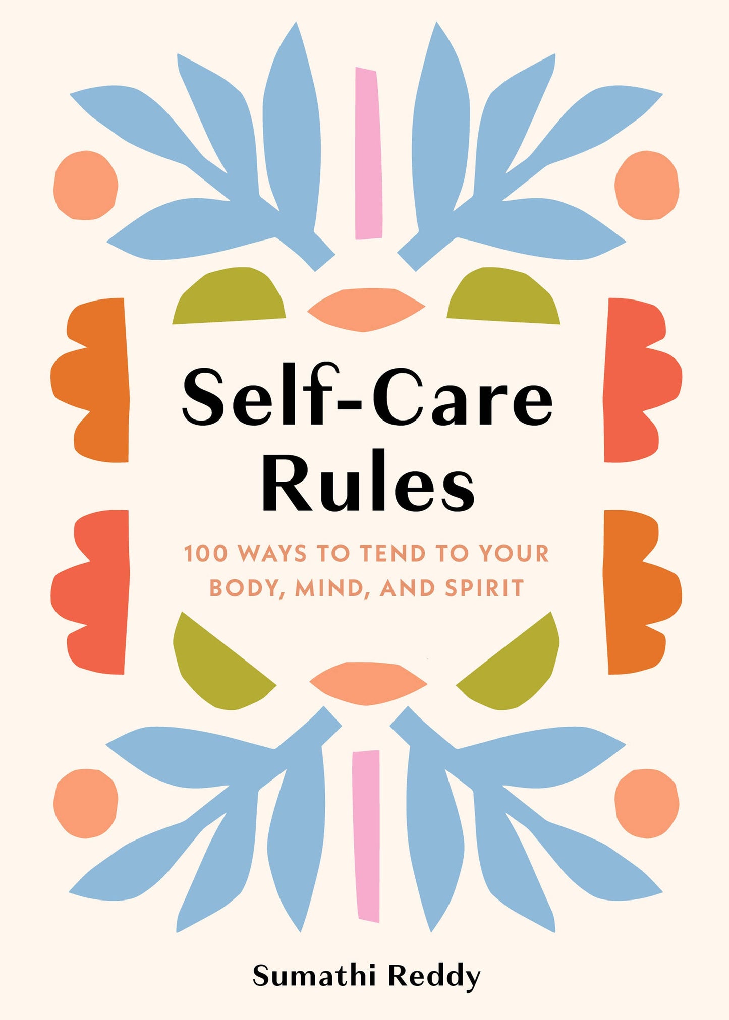 Cup of coffee, book titled 'Self-Care Rules', and lit candle on a wooden table with a bed in the background.