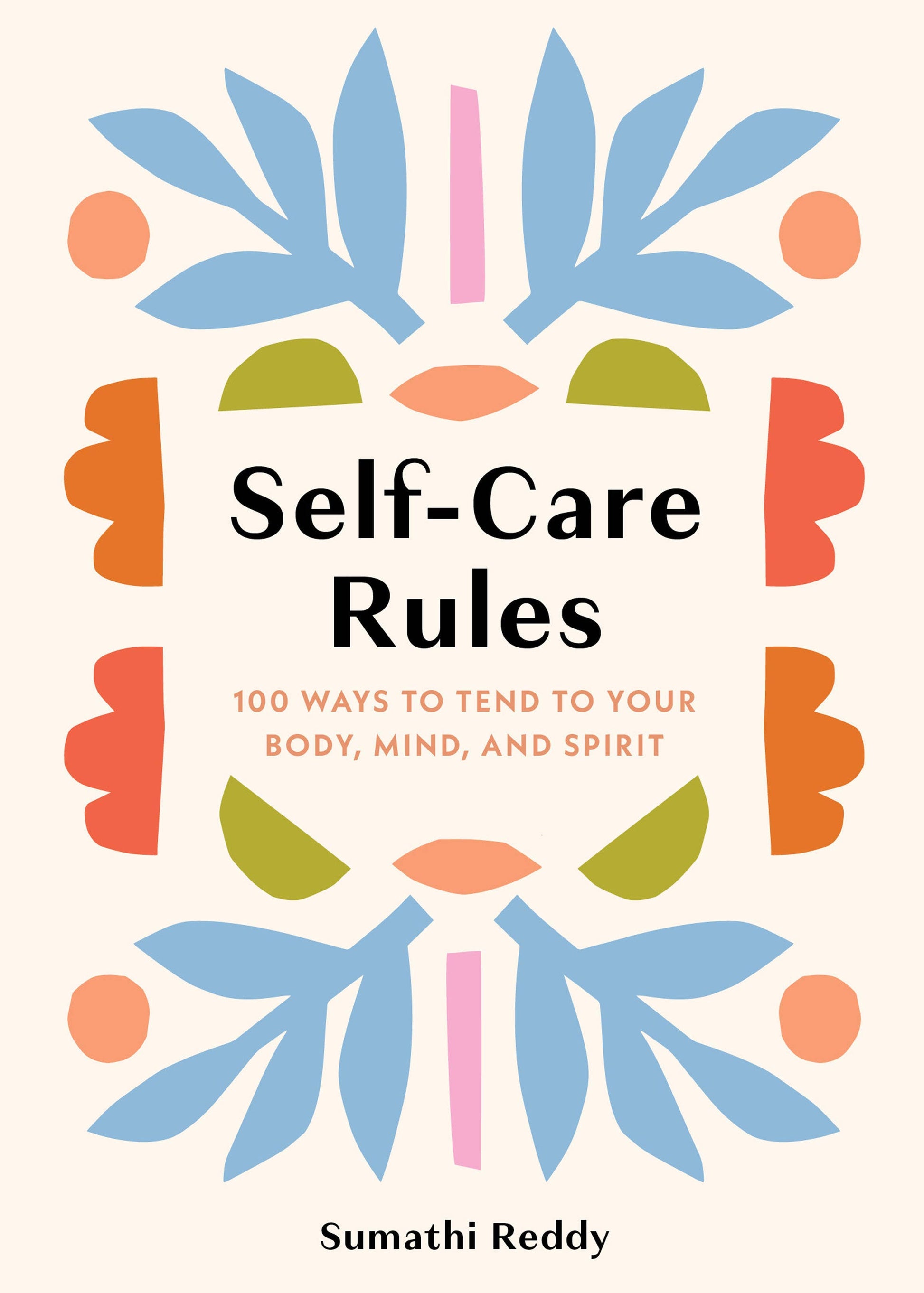 Cup of coffee, book titled 'Self-Care Rules', and lit candle on a wooden table with a bed in the background.
