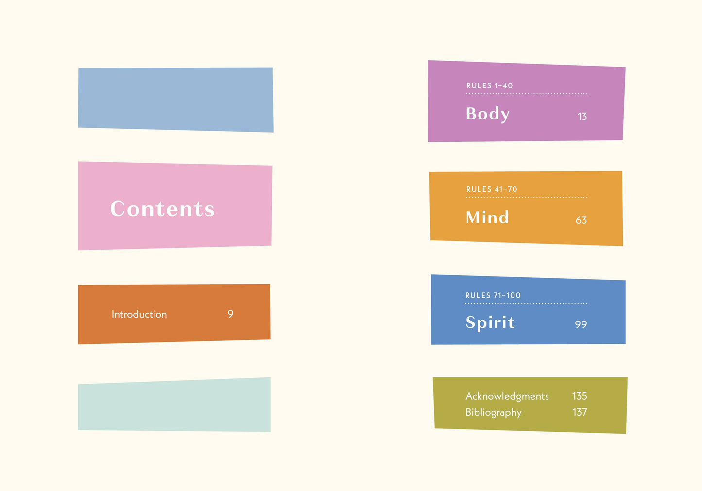 Colorful table of contents with text on a white background