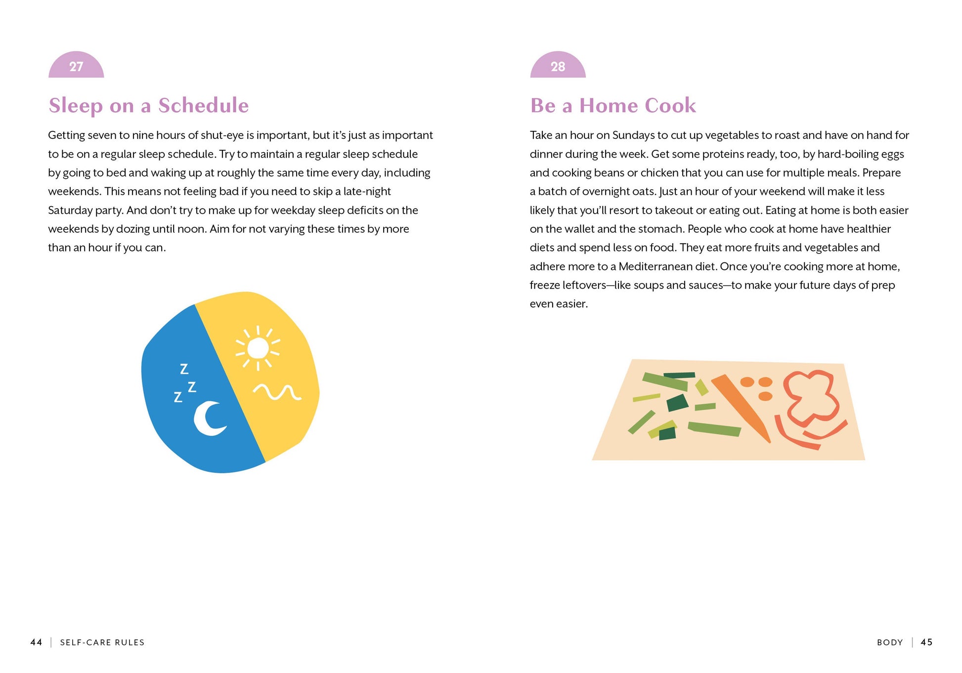 Open book showing a page with text and illustrations on a beige background. Chapter on sleep and home cooking.