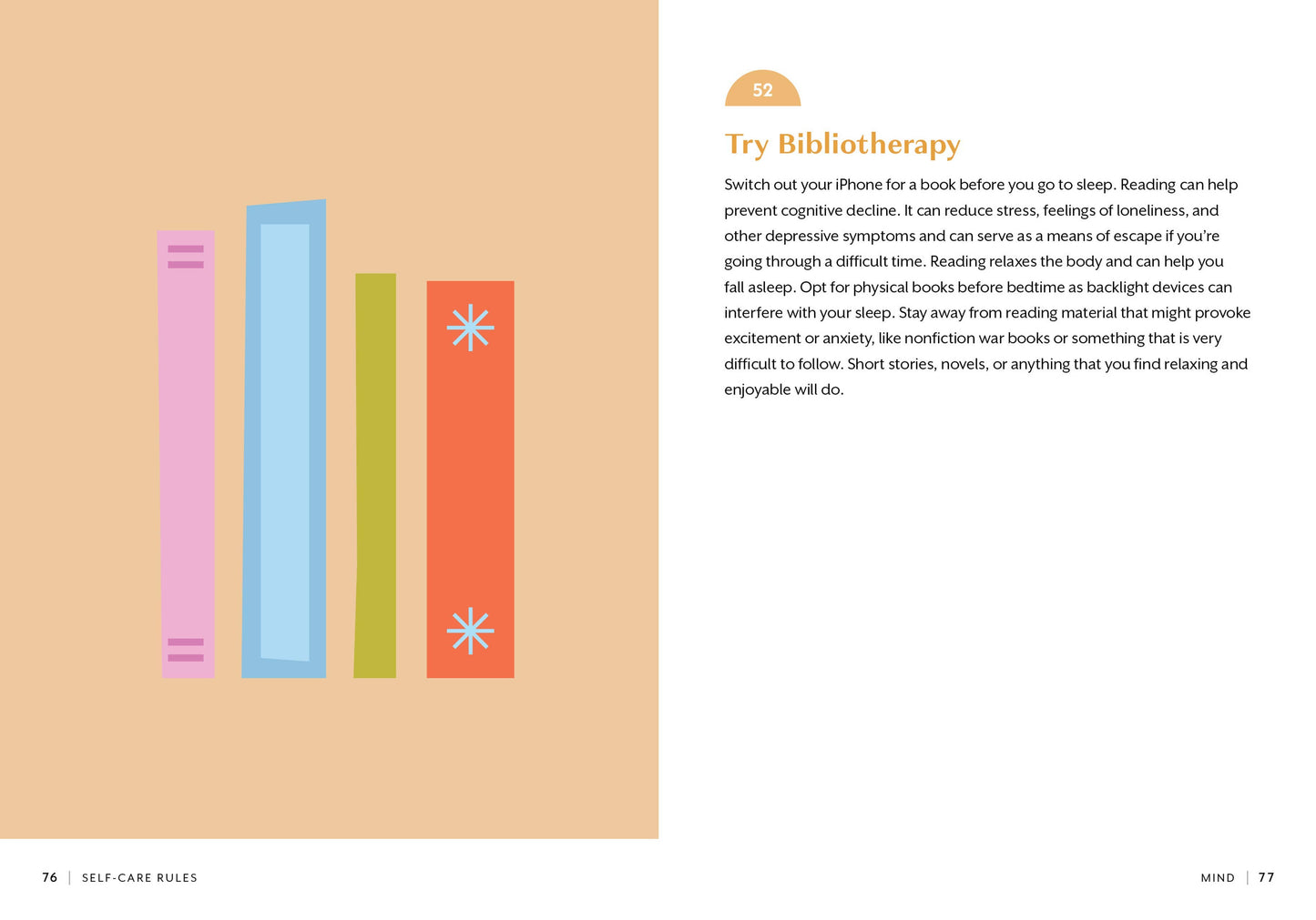 Page from a book with colorful book spines and text on a beige background. Chapter on Bibliotherapy.
