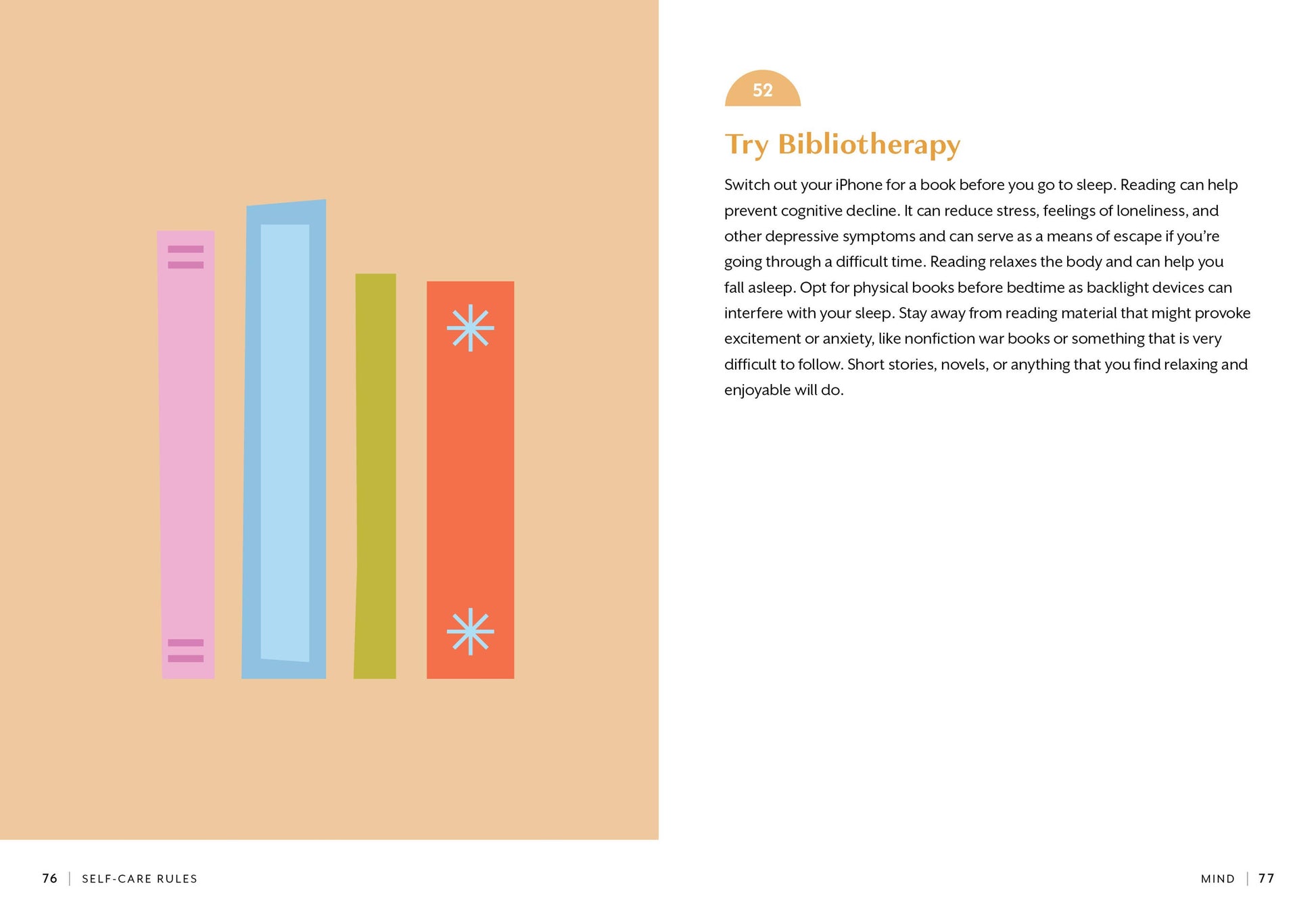 Page from a book with colorful book spines and text on a beige background. Chapter on Bibliotherapy.