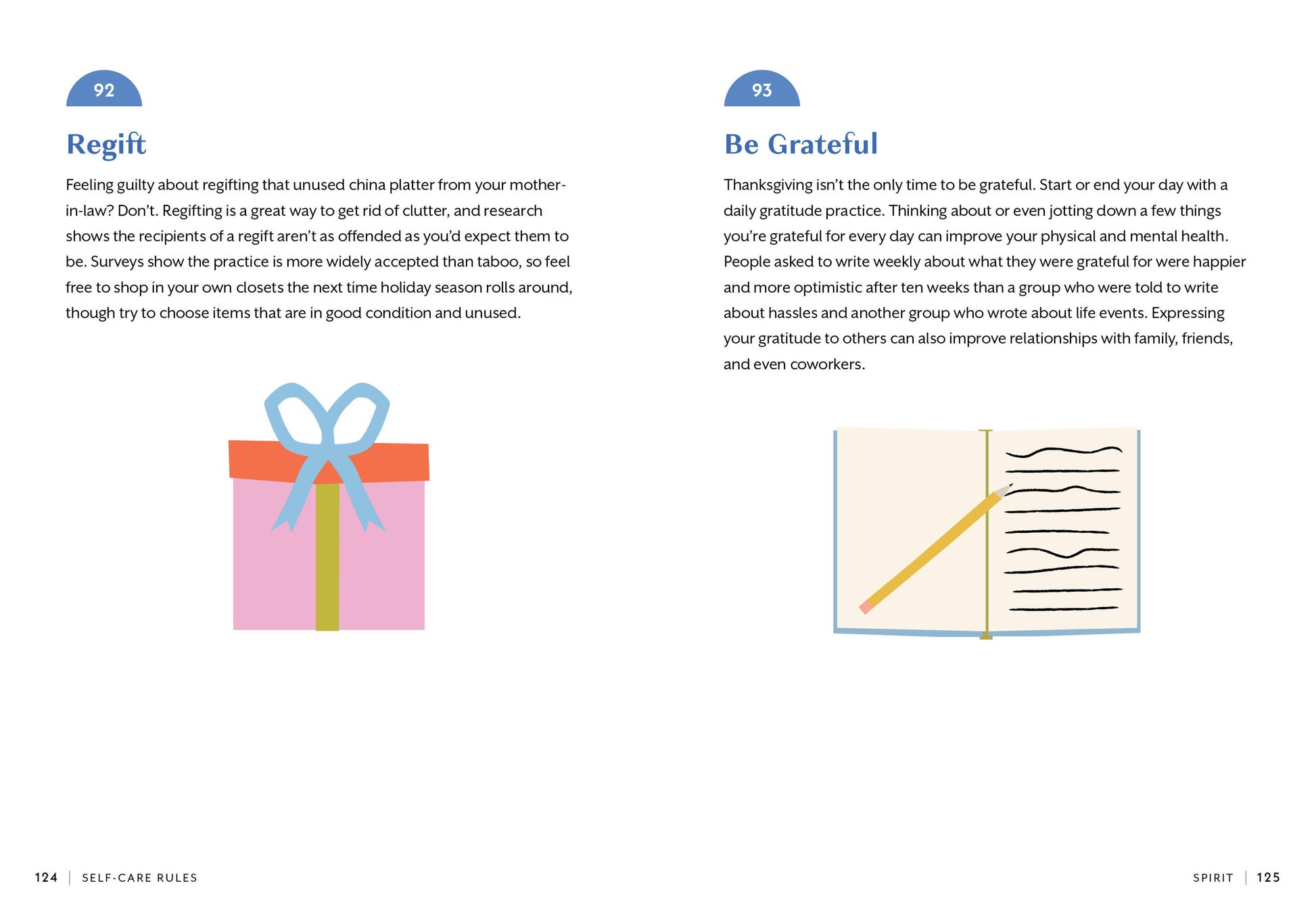 Page from a book with text and illustrations on gratitude and gift-giving.