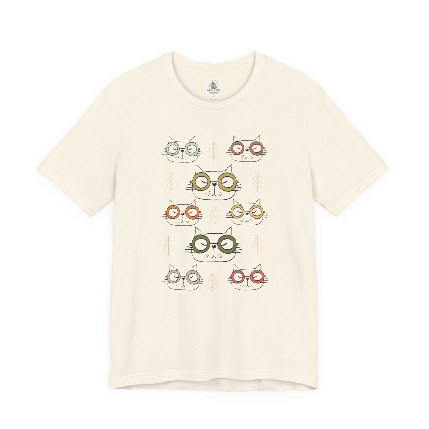 Beige t-shirt with cat-themed graphic design on a white background