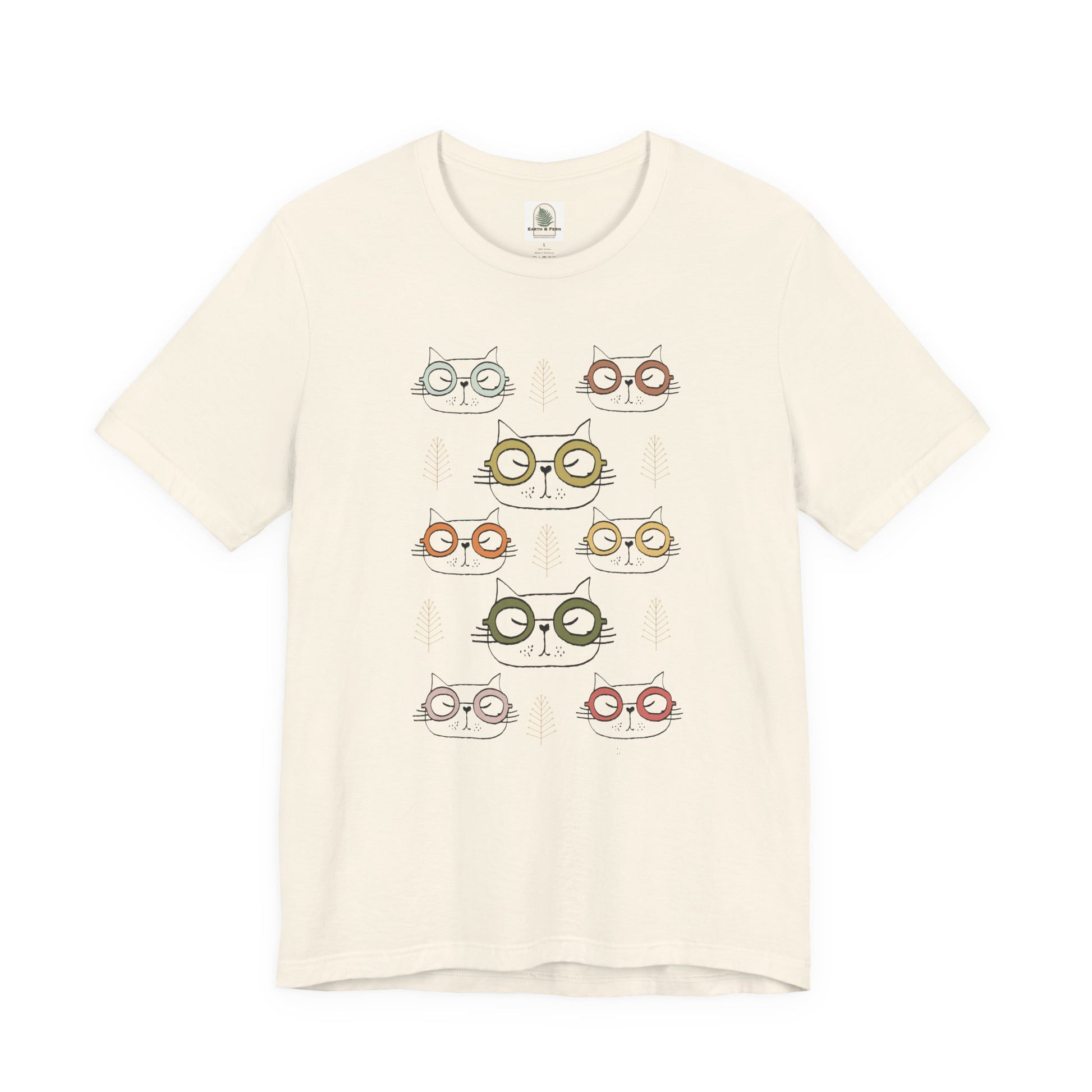 Beige t-shirt with cat-themed graphic design on a white background