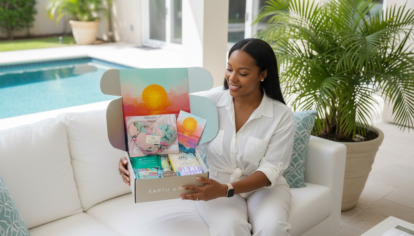 Woman sitting on a white couch by a pool, holding am open Summer Love Wellness box. 