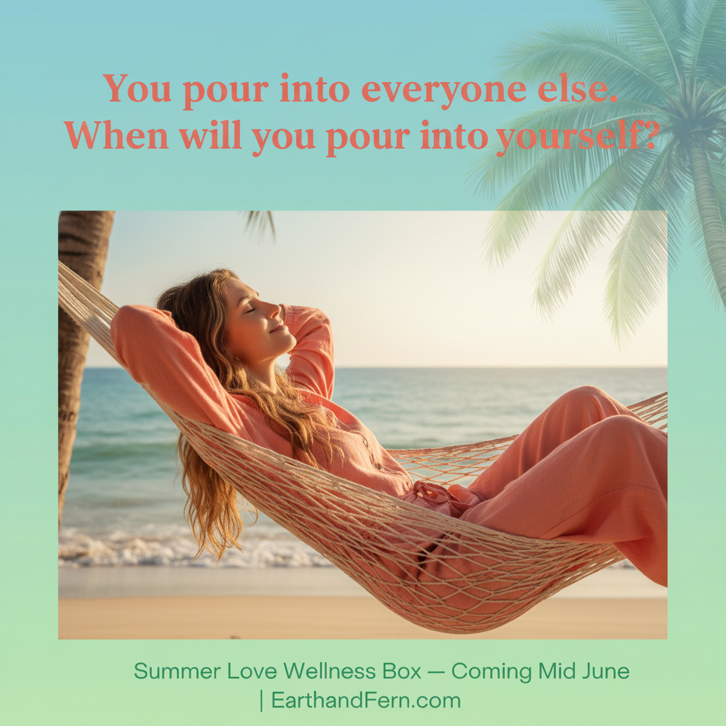 Woman relaxing in a hammock on a beach with palm trees and text overlay.”You pour into everyone else. When will you pour into yourself?”