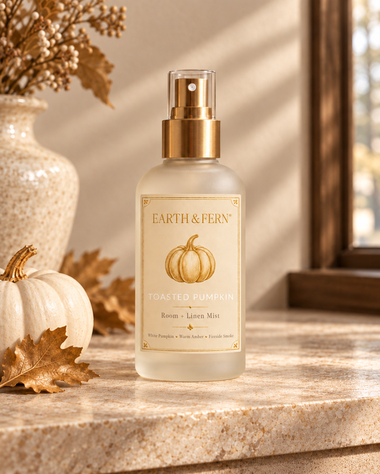 A bottle of EARTH & FERN Toasted Pumpkin room linen mist sits on a stone countertop next to a small decorative pumpkin, autumn leaves, and a vase, with warm sunlight casting soft shadows. 