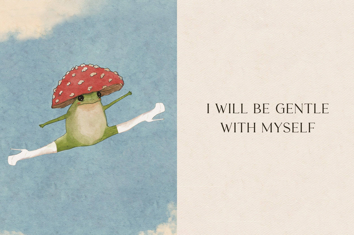 Illustration of a frog with a mushroom helmet flying against a blue sky with clouds.