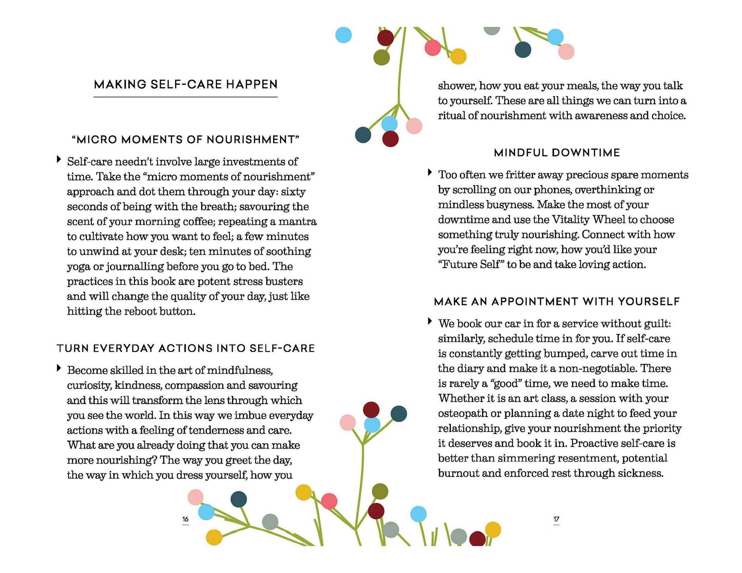 Page from a book on self-care with text and decorative elements.