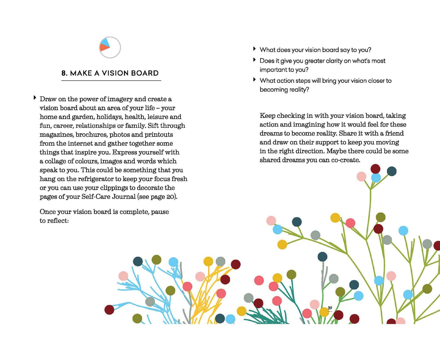 Instructions for making a vision board with colorful floral design elements.