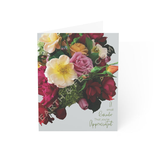 Eco-friendly appreciation card featuring a vibrant bouquet of roses and baby hydrangeas with the words “A Small Reminder That You’re Appreciated.