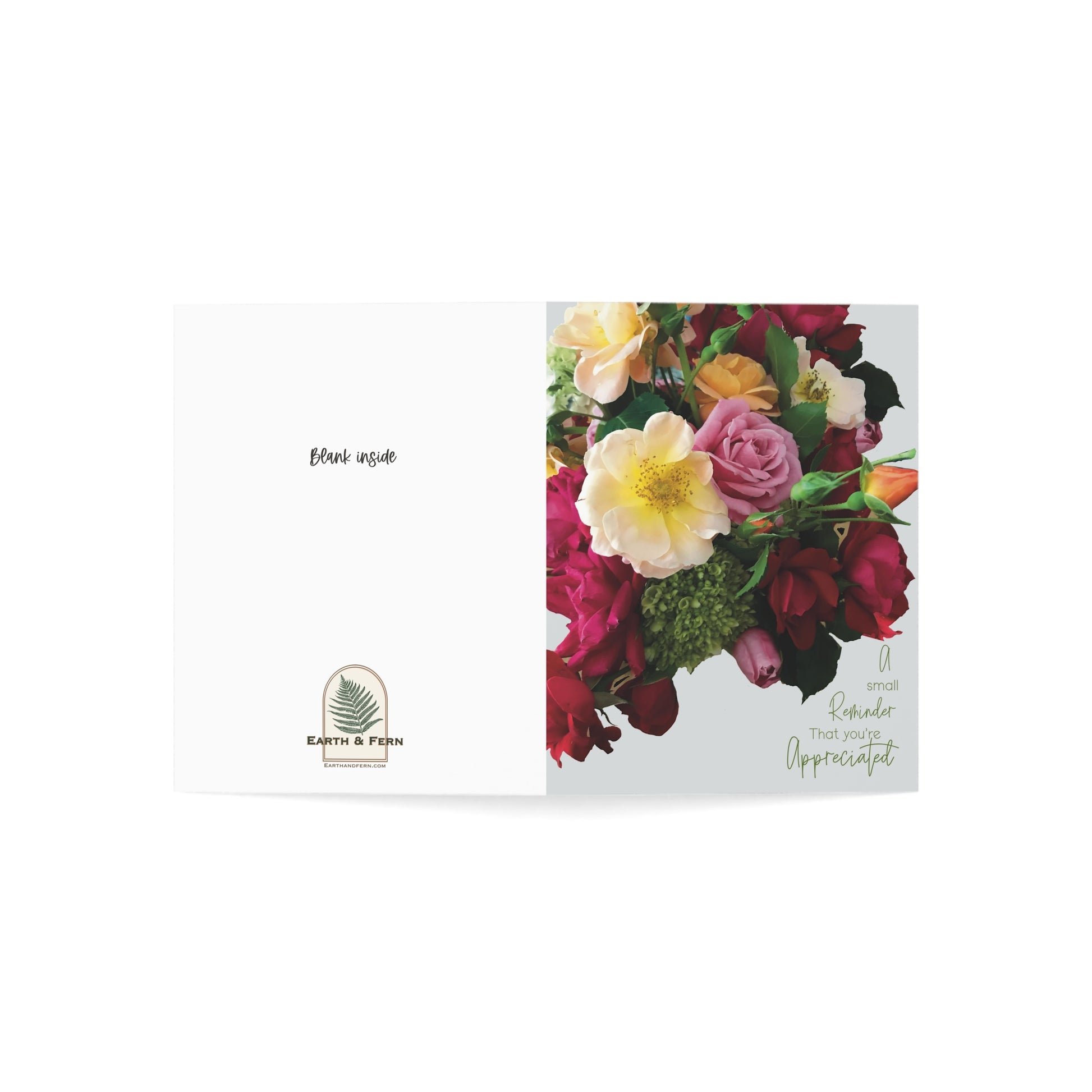 Eco-friendly appreciation card featuring a vibrant bouquet of roses and baby hydrangeas with the words “A Small Reminder That You’re Appreciated