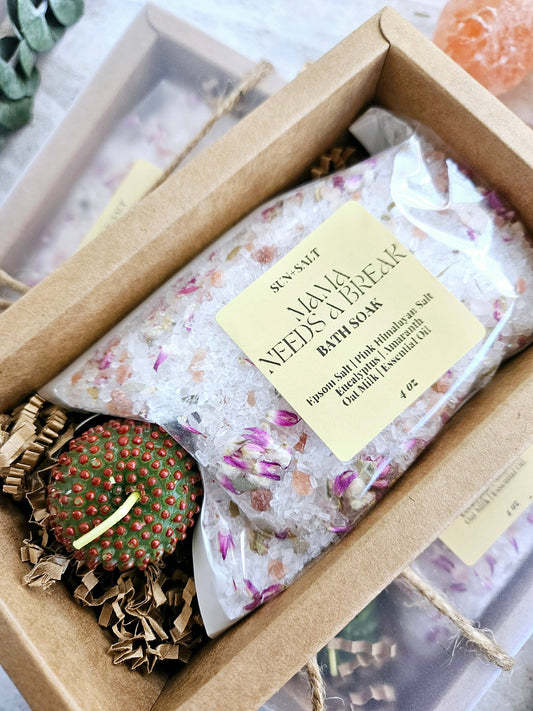 Mama Needs A Break Soak Gift Set with Bath Soak and Tea Light Succulent Candle in Eco-Friendly Kraft Box