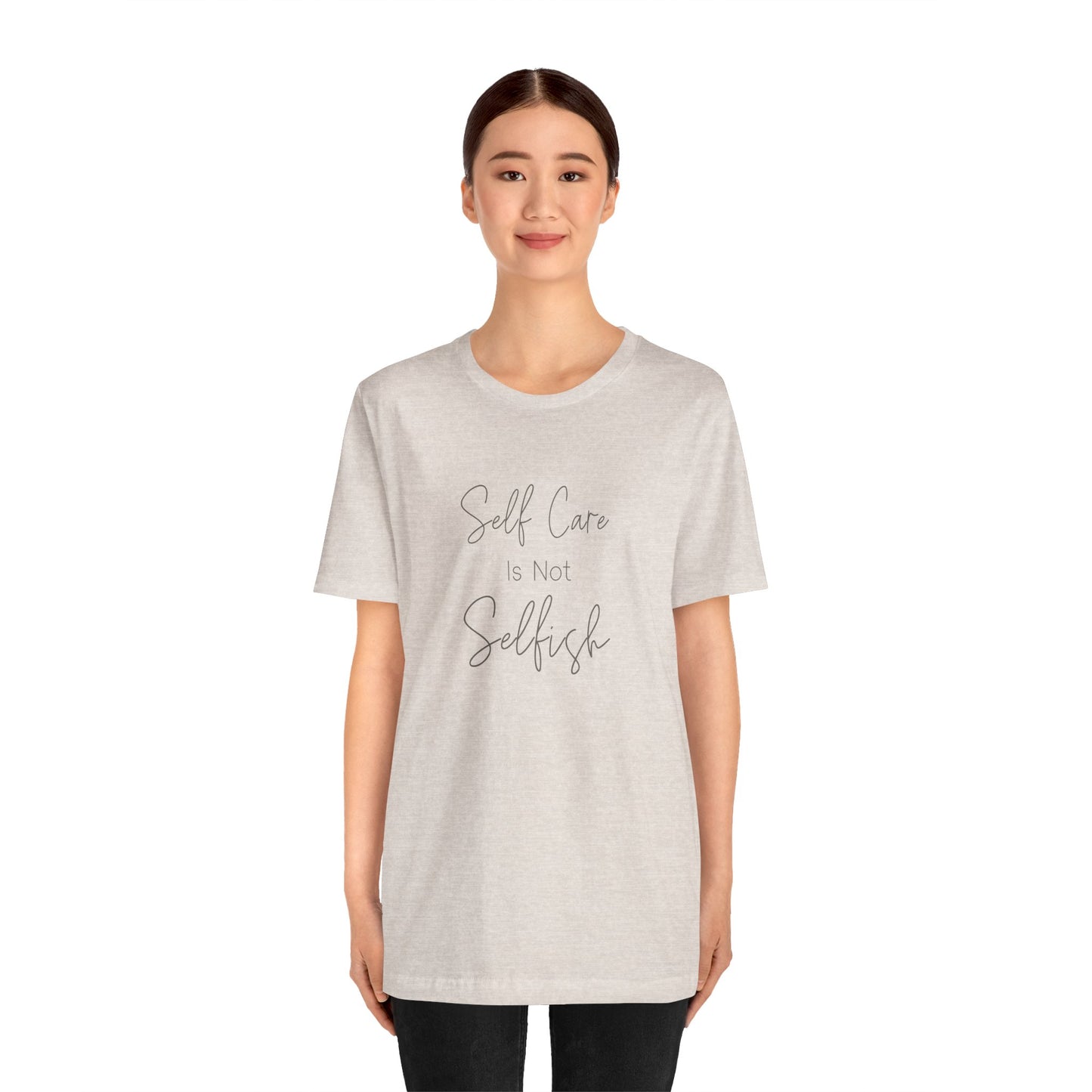 Unisex jersey short sleeve tee in soft cotton with self-care and positivity message, perfect for everyday comfort and mindful living.
