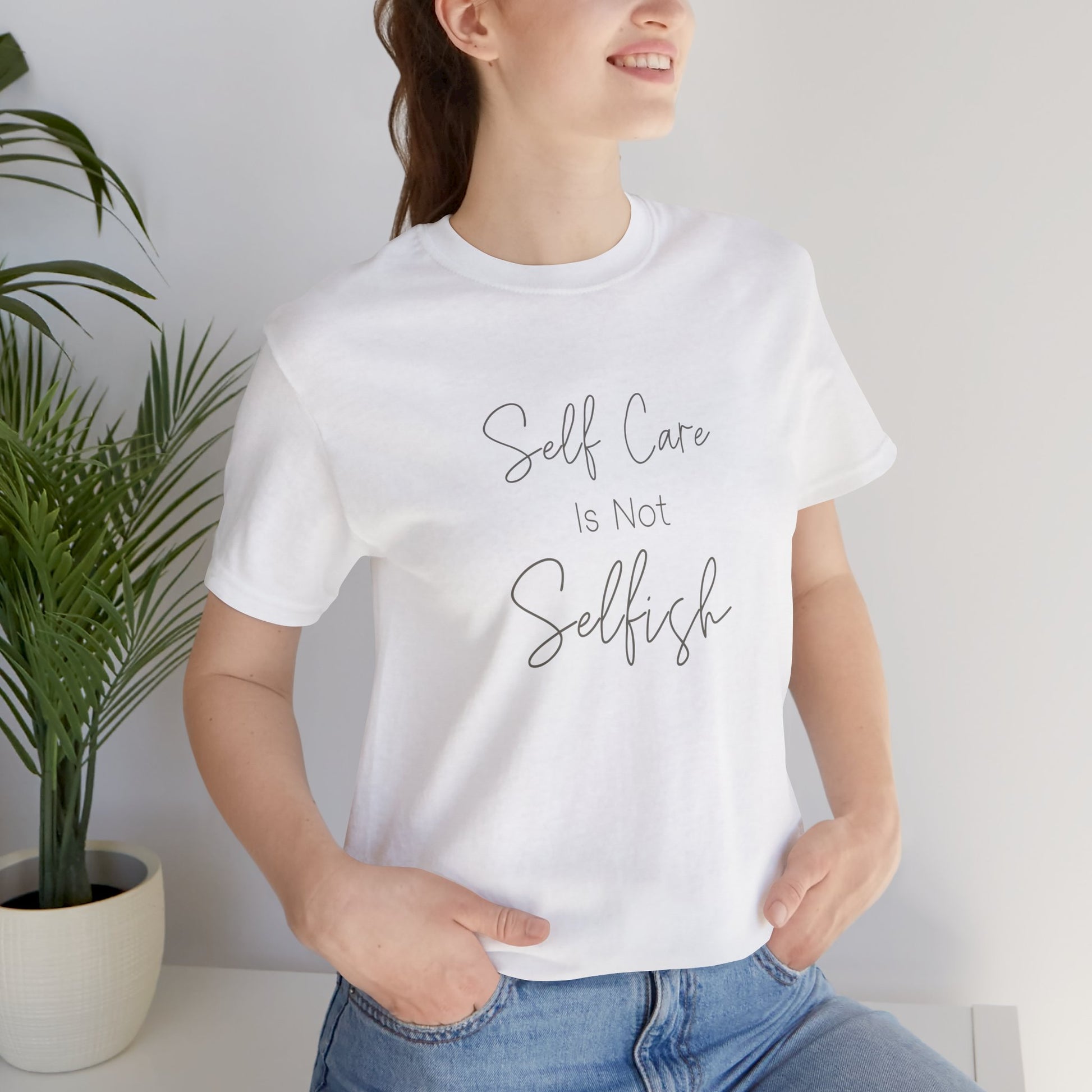 Unisex jersey short sleeve tee in soft cotton with self-care and positivity message, perfect for everyday comfort and mindful living.
