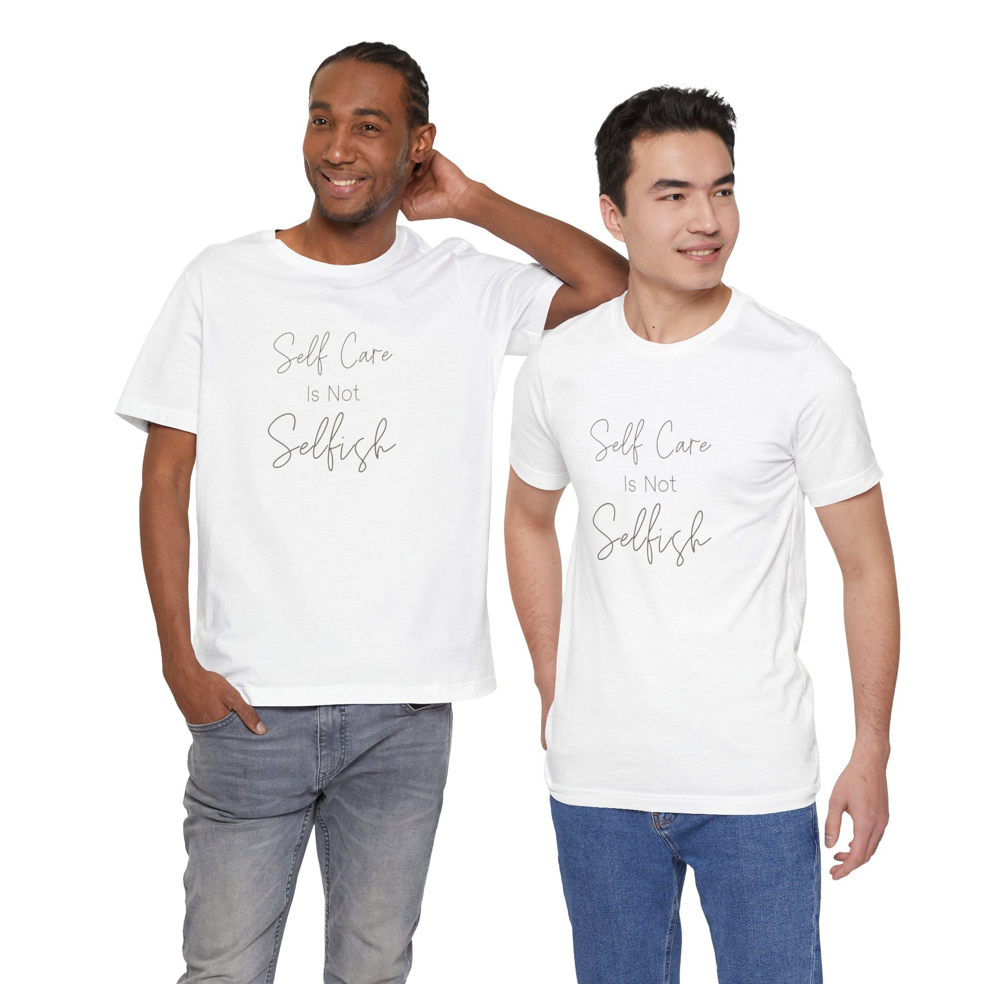 Unisex jersey short sleeve tee in soft cotton with self-care and positivity message, perfect for everyday comfort and mindful living.
